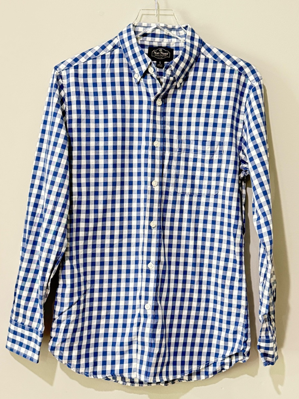 Nat Nast Blue and White Gingham Check Casual Button-Down Shirt Size Small.